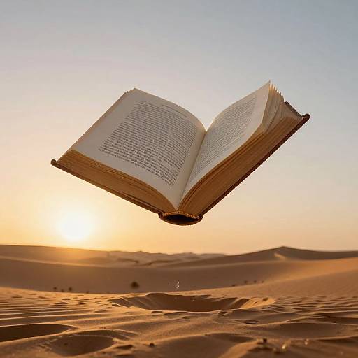 Photograph of an open book floating above a desert at sunset, with golden sunlight and sandy dunes in the background.