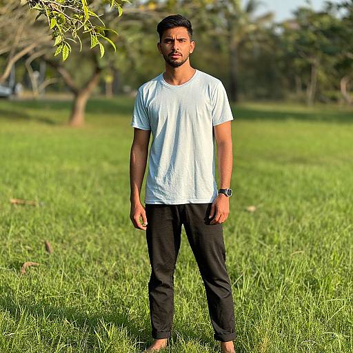 Photograph of a bearded man with short black hair, wearing a white t-shirt, black pants, and a watch, standing barefoot in a