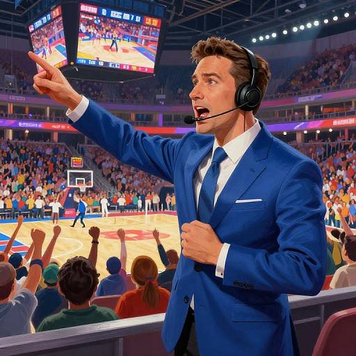 Photograph of a male sports announcer in a blue suit and headset, pointing at a basketball game on a large arena screen.