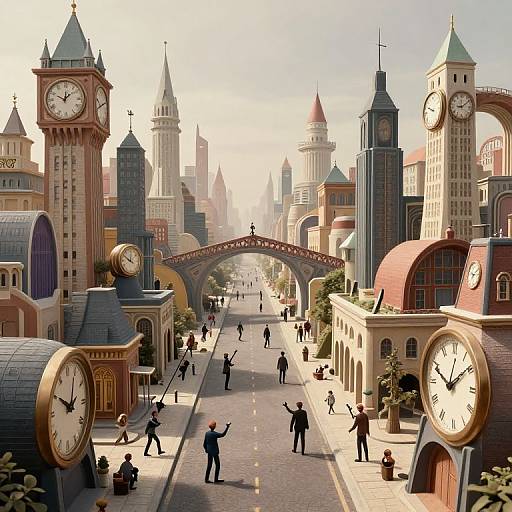 Digital illustration of a bustling, clock-filled city street with people, Gothic and modern buildings, and a sunlit, foggy sky.