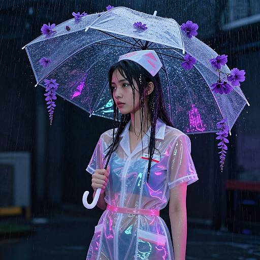 Asian woman with wet black hair, wearing a translucent raincoat, holding a glowing purple and neon umbrella in a rainy night city street.