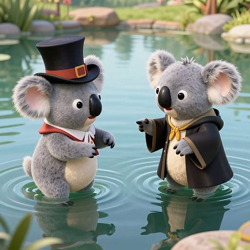 CGI image of two anthropomorphic koalas in a pond, one in a top hat and red scarf, the other in a black cape and