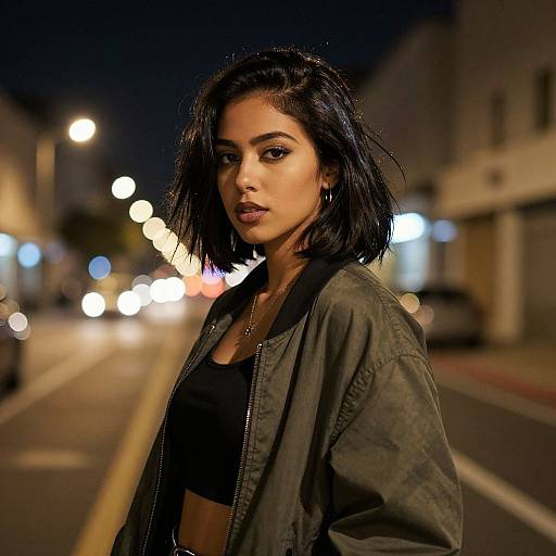 Nighttime street photograph of a confident young woman with black shoulder-length hair, wearing a green jacket and black sports bra, glowing streetlights in the blurred