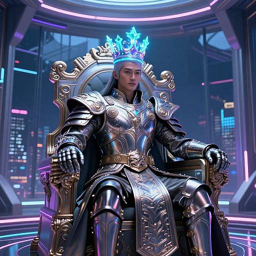 CGI image of a fierce, armored Asian man with glowing blue crown, seated on a golden throne in a futuristic, neon-lit cityscape.