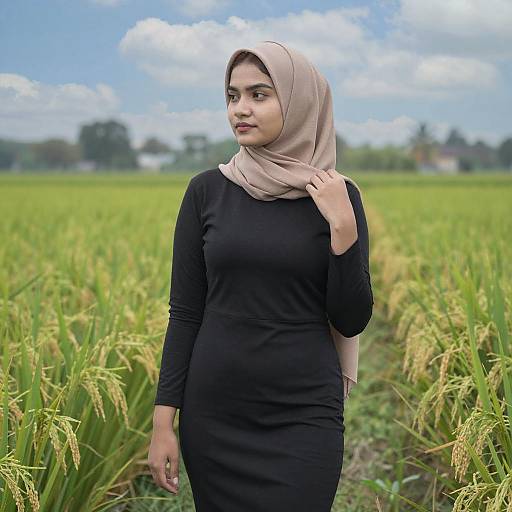 Woman in Hijab in Rice Field