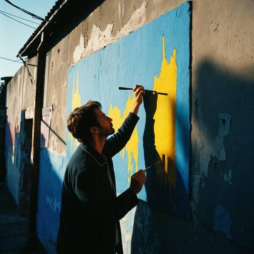 Man Painting Bright Mural on Weathered Wall