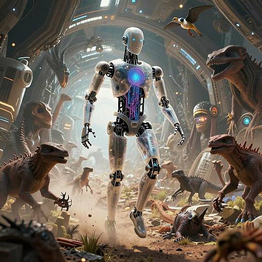 Digital artwork of a futuristic, glowing blue-eyed robot walking through a sci-fi cave, surrounded by attacking velociraptors and dinosaur-like creatures.