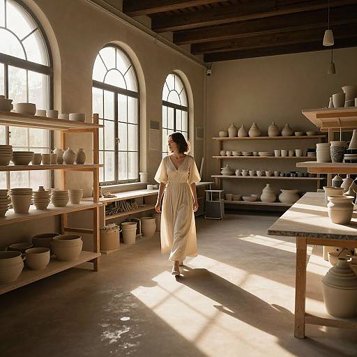 Photograph of a woman in a white dress walking through a sunlit pottery studio with arched windows, wooden shelves, and numerous clay pots.