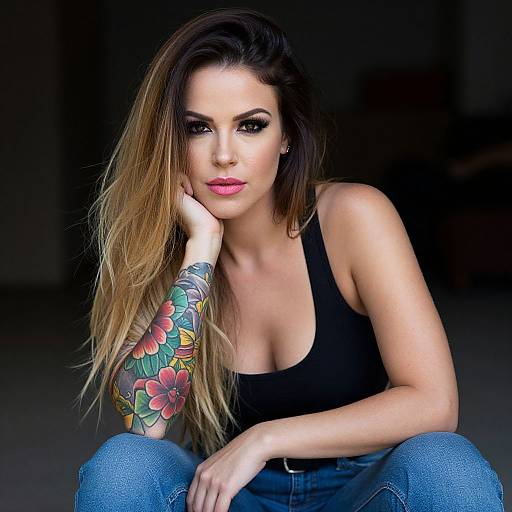 Photograph of a tattooed woman with long, ombre hair, wearing a black tank top and blue jeans, sitting against a dark background,