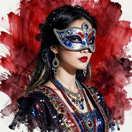 Elegant Asian woman in ornate masquerade mask, red lipstick, sparkling jewelry, and beaded black robe, set against a vibrant red water
