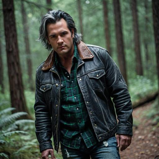 Rugged man in leather jacket in forest