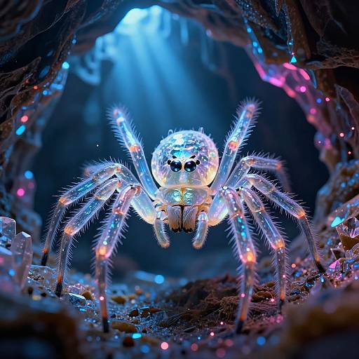 Photograph of a bioluminescent spider with glowing blue and pink accents, in a dark, cave-like environment, illuminated by blue light.
