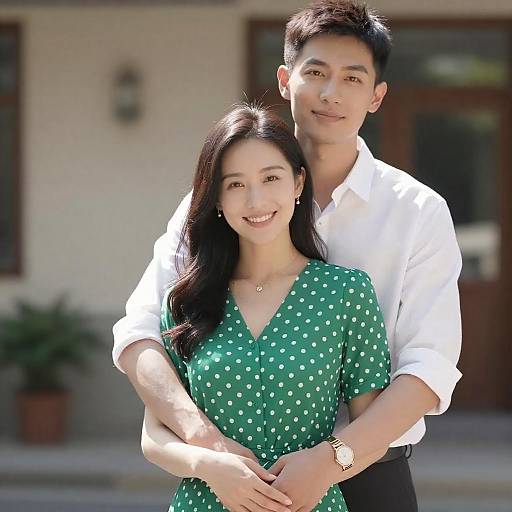 Sunlit Asian Woman Embraced by Partner