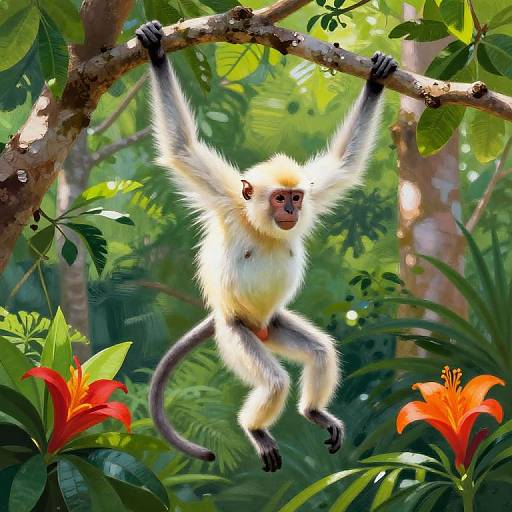 Albino Monkey Swinging in Tropical Canopy