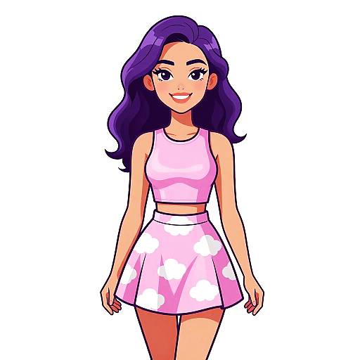 Digital anime-style drawing of a smiling young woman with long purple hair, wearing a pink floral crop top and matching skirt.