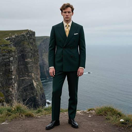 Photograph of a serious, young Caucasian man in a black suit with yellow tie, standing on cliff overlooking ocean and rocky cliffs.