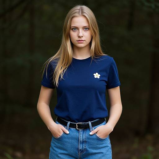 Photograph of a young Caucasian woman with long blonde hair, wearing a black t-shirt with a white flower logo, blue jeans, and hands in pockets