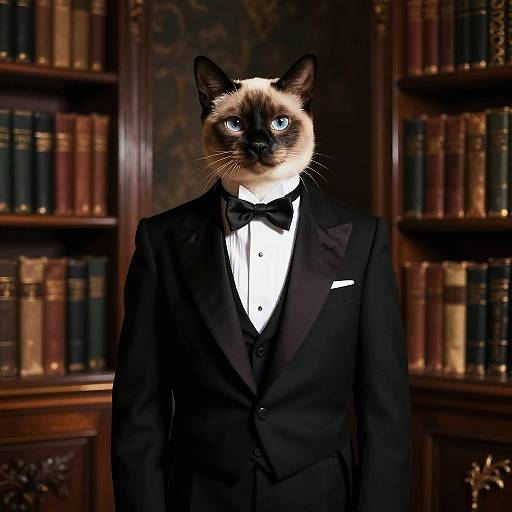 Regal Siamese Cat in Victorian Library