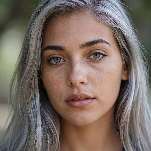 Close-up photograph of a young woman with long, silver-gray hair, green eyes, and freckles, looking directly at the camera with a neutral