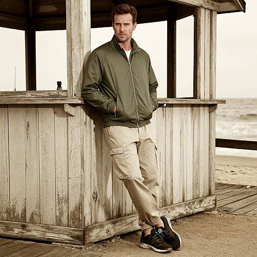 Photograph of a bearded man in an olive green jacket and beige pants, leaning against a weathered wooden structure by the beach. Black sneakers,