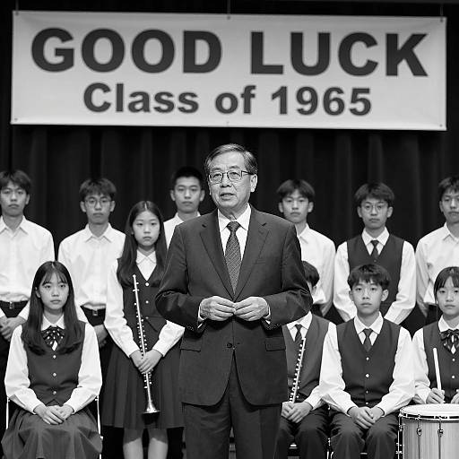Middle-aged Man with Students Under Good Luck Banner