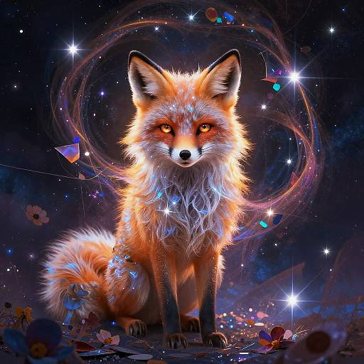 Digital art of a glowing orange fox with fiery eyes, surrounded by a celestial whirlpool of stars, glowing orbs, and cosmic flowers.