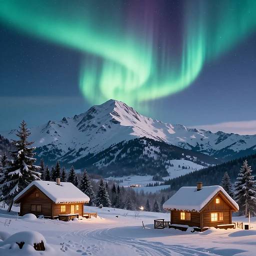 Photograph of a snowy mountain landscape at night, featuring two wooden cabins with lit windows, and vibrant green auroras glowing over snow-covered peaks and pine