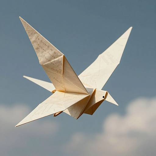 Photograph of a white, handmade paper airplane soaring against a blue sky with soft, white clouds in the background.