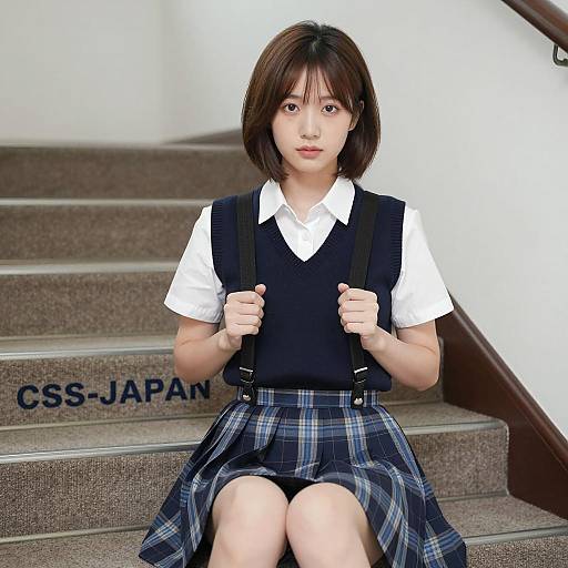 Asian Woman Sitting on Carpeted Stairs