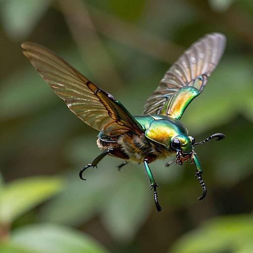 Close-up photograph of a vibrant, metallic green and yellow hoverfly with translucent, veined wings, hovering against a blurred green background.