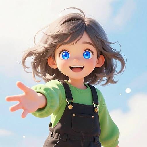 Digital anime-style drawing of a smiling young girl with large blue eyes, brown wavy hair, wearing a green shirt and black overalls, reaching out