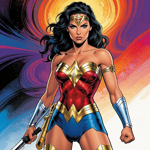 Digital illustration of Wonder Woman with long black hair, red and gold bustier, blue shorts, silver bracelets, and tiara, against a vibrant,
