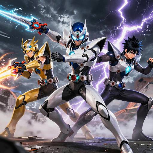 Three anime-style warriors in futuristic armor wielding glowing weapons, surrounded by lightning and smoke, in a dynamic, electrified battle scene.