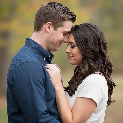 Photograph of a white couple with short brown hair and wavy dark hair, wearing blue and white shirts, gently touching foreheads and smiling softly in
