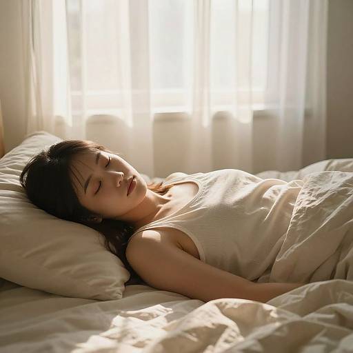 Photograph of an Asian woman with black hair, sleeping peacefully in a sunlit bedroom, wearing a white tank top and beige blanket, soft light filtering