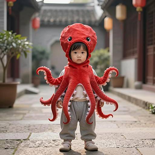 Toddler in Red Octopus Costume in Asian Courtyard