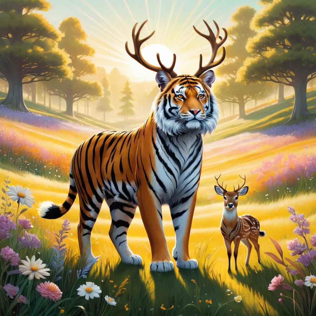 Whimsical Tiger-Deer Creature in Meadow