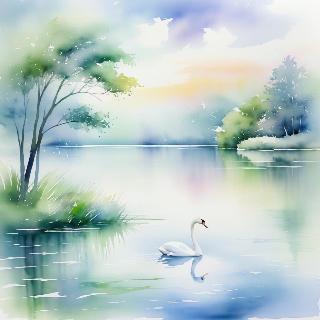 Tranquil Watercolor Landscape with Swan