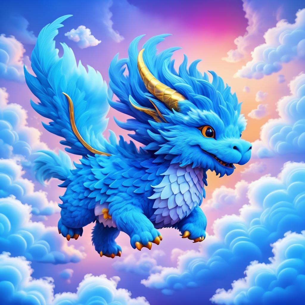 Whimsical Blue Fluffy Dragon in Flight