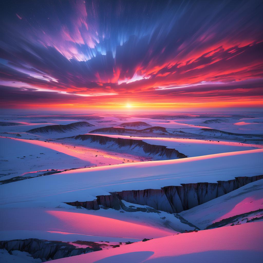 Surreal Snowy Plateau at Vibrant Sunset