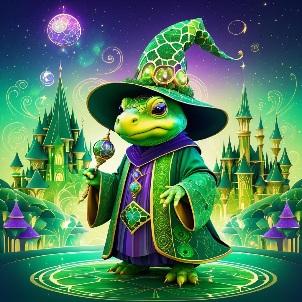 Mystical Tortoise Wizard in Vibrant Cityscape