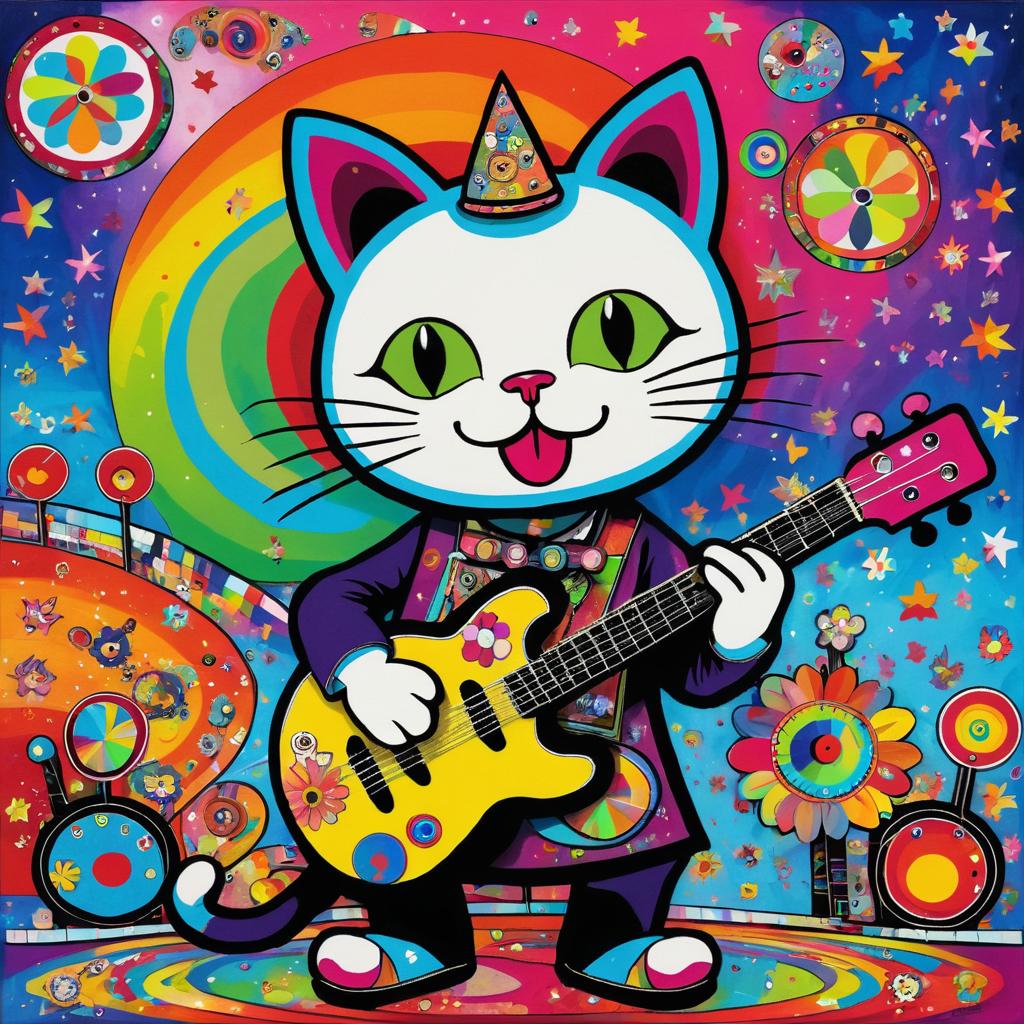 Whimsical Cat Guitarist in Colorful Carnival