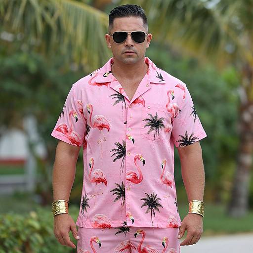 Photograph of a muscular man in a pink flamingo and palm print shirt and pants, black sunglasses, gold wristbands, standing outdoors with lush green