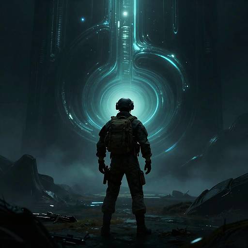 Lone Soldier in Surreal Sci-Fi Realm