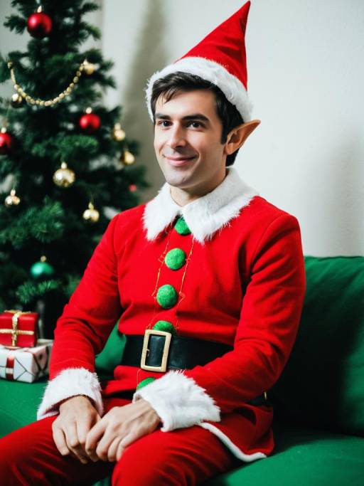 Man Dressed as Elf on the Shelf Sitting by Christmas Tree