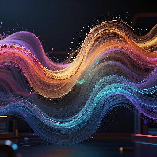 Photograph of vibrant, wavy, neon light trails in orange, blue, and purple against a dark background, creating a dynamic, mesmerizing wave