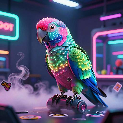 Digital artwork of a vibrant, neon-lit parrot with multicolored feathers standing on a retro arcade game, surrounded by mist and glowing neon signs