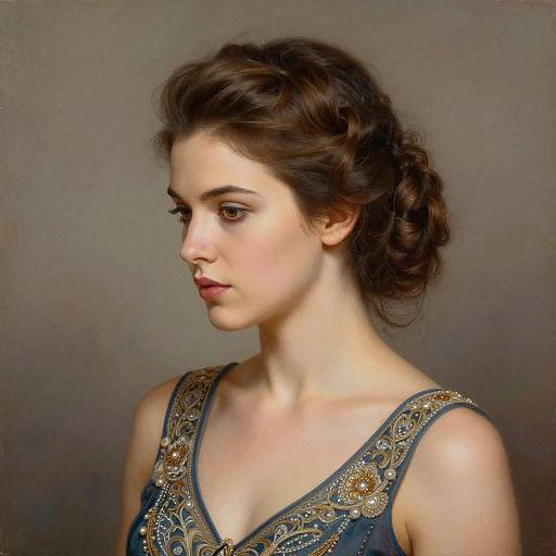 Photorealistic portrait of a young woman with fair skin, brown wavy hair, and delicate features, wearing an ornate blue dress, looking thought