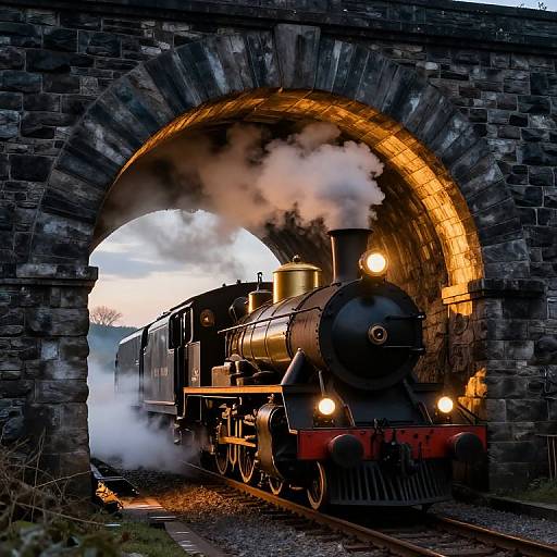 Photograph of a vintage black steam locomotive emerging from a stone-arched tunnel, emitting white steam, with glowing lights and orange-lit interior