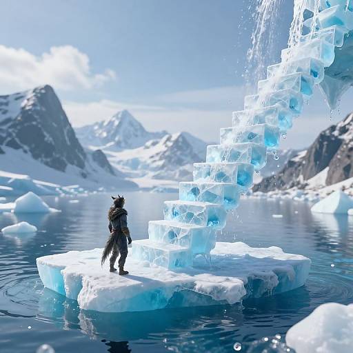 Digital artwork: A lone, furry, black-clad figure stands on a floating ice staircase, surrounded by icy mountains and a reflective, blue ocean under